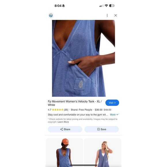 Free People Oversized Workout Tank Blue V Neck Pocket Slouchy Cotton Size XS - Picture 2 of 8